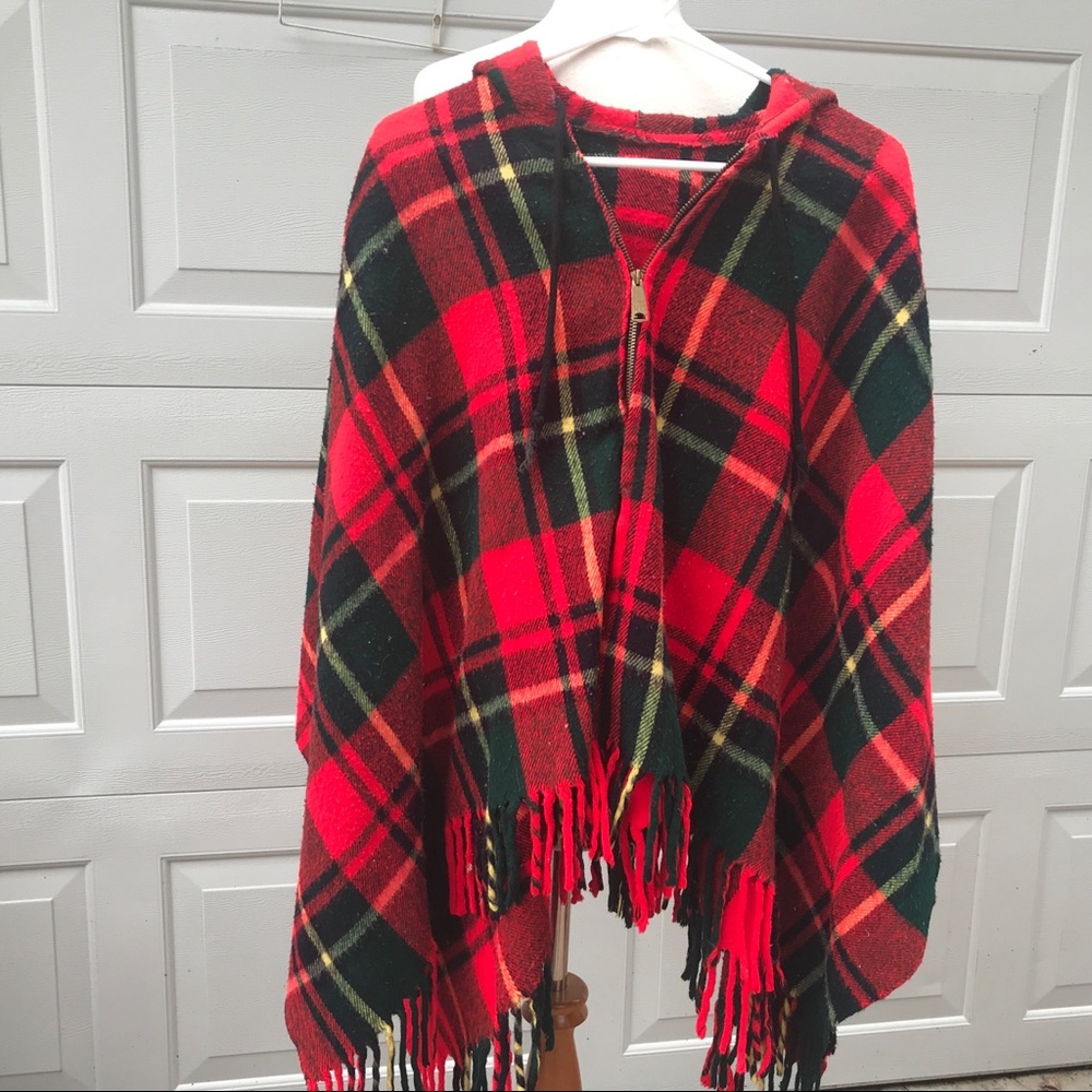Vintage plaid wool poncho 70s zip red s m l fab